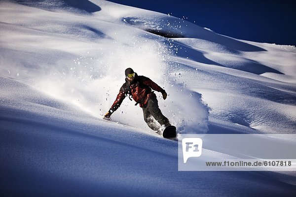 A athletic snowboarder rips fresh powder turns in the backcountry on a sunny day in Colorado.