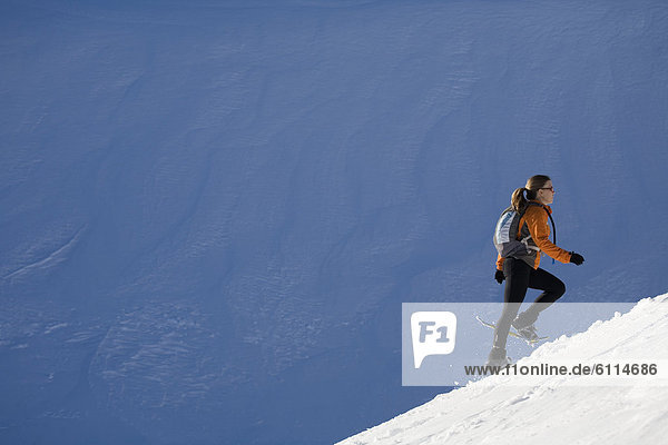 Frau  gehen  bergauf  Schneeschuh