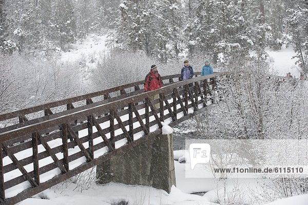 Biegung  Biegungen  Kurve  Kurven  gewölbt  Bogen  gebogen  gehen  Brücke  Fluss  frontal  Ansicht  3  Fußgänger  Oregon  Schnee