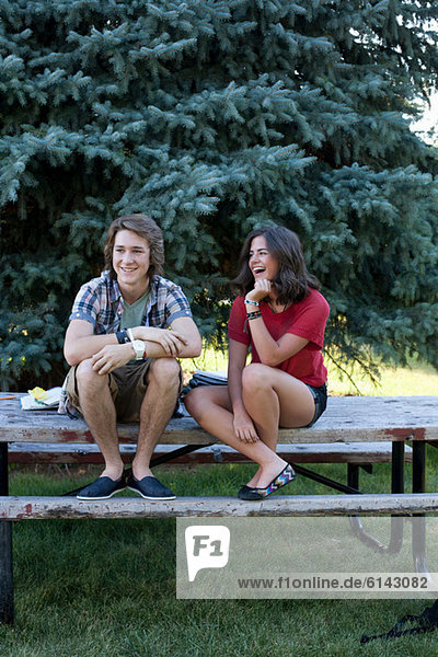 Teenager-Paar am Picknicktisch im Park sitzend
