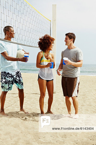 Freunde am Strand mit Volleyball und Netz