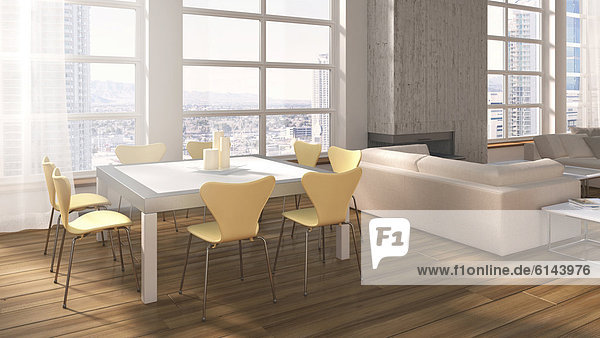 Wohnraum mit Sofas  Couchtisch  Kamin  Essbereich und Eichendielenboden  urbaner Ausblick  3D-Illustration