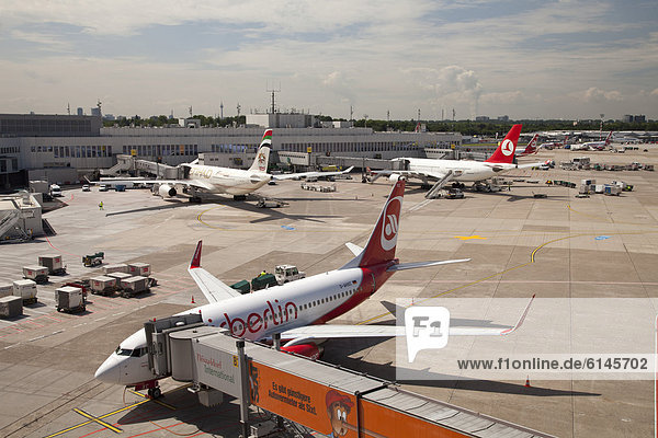 Flugzeuge bei der Abfertigung am Gate  Flughafen  Düsseldorf  Rheinland  Nordrhein-Westfalen  Deutschland  Europa