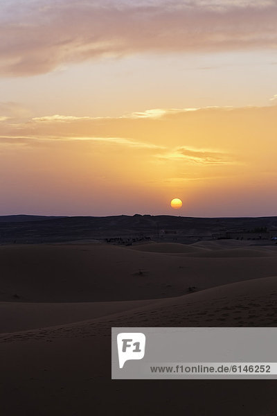 Sonnenuntergang bei den Sanddünen von Erg Chebbi  Erfoud  MeknËs-Tafilalet  Königreich Marokko  Sahara  Maghreb  Afrika