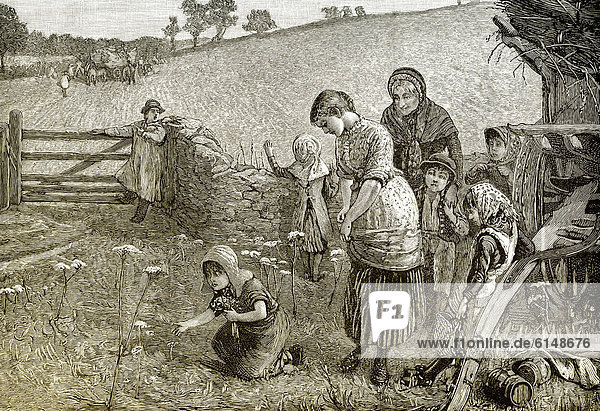 Historical drawing from England  19th century  women and children  a romantic scene in the countryside  around 1881