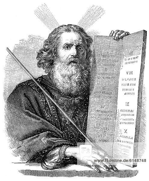 Historische Zeichnung aus dem 19. Jahrhundert  Portrait von Prophet Mose oder Moses  die Zentralfigur in den biblischen Büchern Moses  Führer der Israeliten