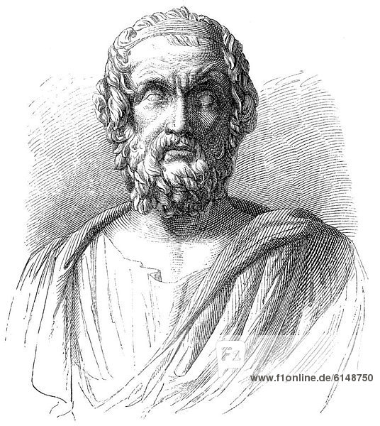 Historische Zeichnung aus dem 19. Jahrhundert  Portrait von Homer  Dichter der Antike  Autor der Ilias und Odyssee