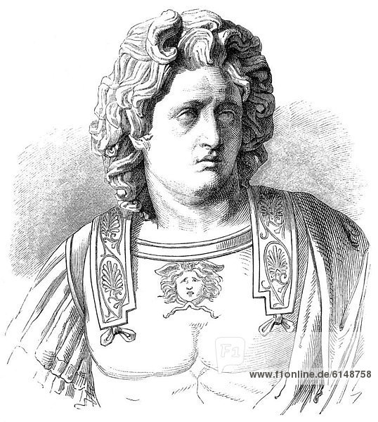 Historische Zeichnung aus dem 19. Jahrhundert  Portrait von Alexander der Große oder Alexander III. von Makedonien  356 - 323 v. Chr.  König von Makedonien und Hegemon des Korinthischen Bundes