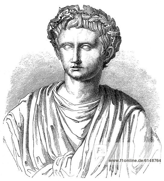 Historische Zeichnung aus dem 19. Jahrhundert  Portrait von Augustus oder Gaius Octavius  63 v. Chr. - 14 n. Chr.  erster römischer Kaiser