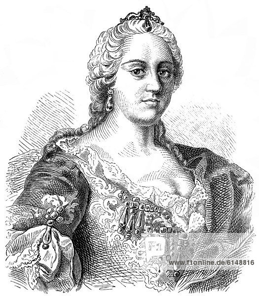 Maria Theresia von Österreich  1717 - 1780  eine Fürstin aus dem Hause Habsburg  Erzherzogin von Österreich und Königin von Ungarn  Kroatien und Böhmen  historischer Stich