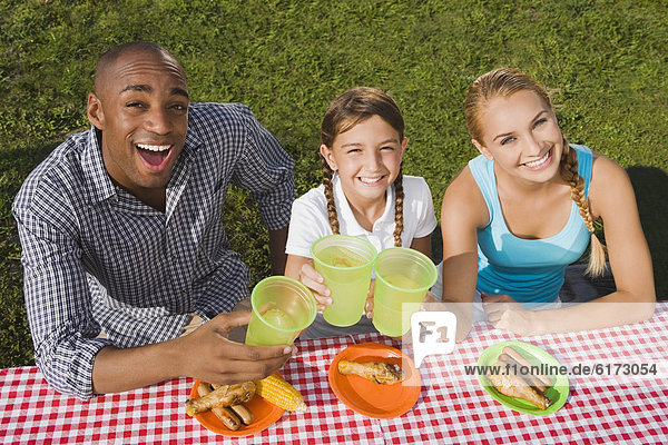 Mixed Race family toasting at picnic table