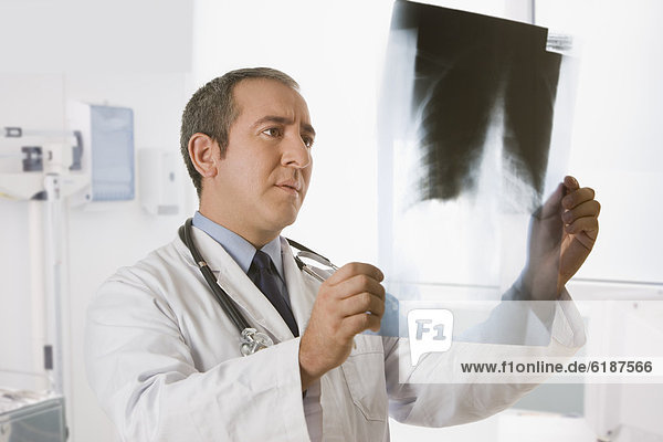 Hispanic doctor looking at x-rays