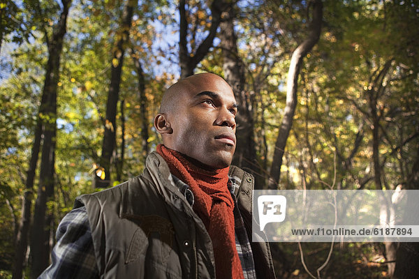 Serious African American man in woods
