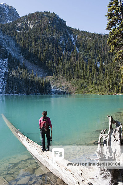 Hispanic hiker standing on log near remote lake