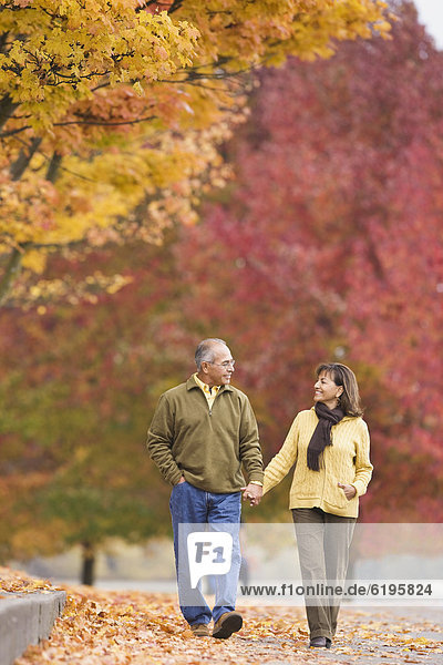 Hispanic couple holding hands outdoors in autumn