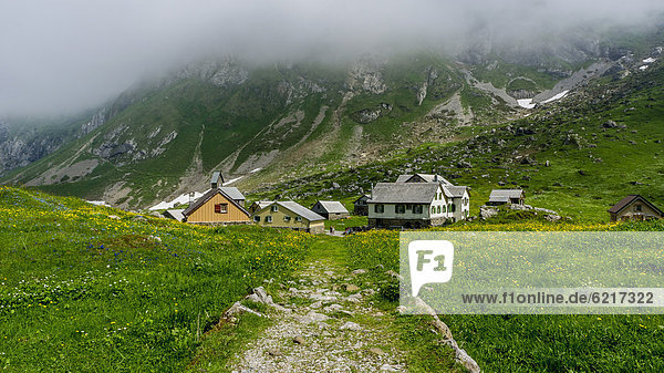 Path to Meglisalp mountain pasture  Alpstein range  Canton of St Gallen  Switzerland  Europe