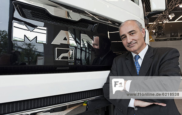 Georg Pachta-Reyhofen  chairman of MAN SE  at a media conference  standing in front of a MAN truck in Munich  Bavaria  Germany  Europe