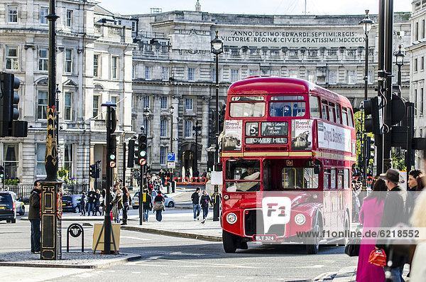 Red double-decker bus in traffic  London  South England  England  United Kingdom  Europe