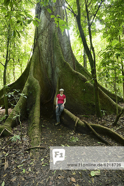 Frau stehend vor Kapokbaum (Ceiba pentandra)  im tropischen Regenwald  Nationalpark RincÛn de la Vieja  Guanacaste  Costa Rica  Südamerika