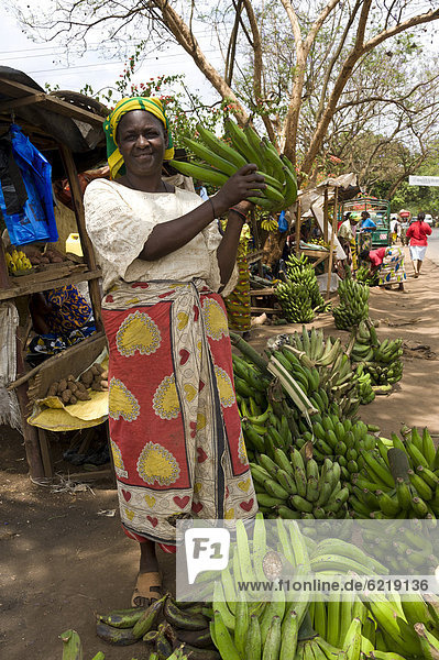Frau verkauft Kochbananen (Musa ssp) in Moshi Kilimanjaro-Region Tansania Afrika