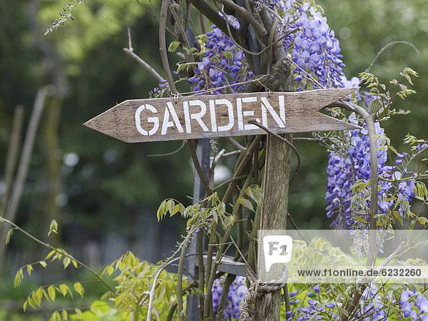 'Hinweisschild ''Garden'' in einem romantischen Garten'