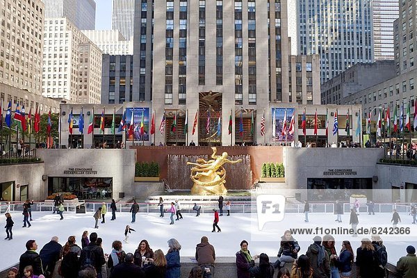 Ice Skating Rink below the Rockefeller Centre building on Fifth Avenue  New York City  New York  United States of America  North America