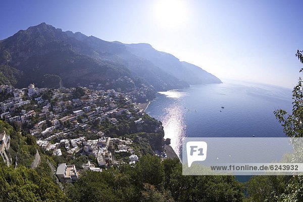 Positano town in early morning sunshine  Amalfi coast road  UNESCO World Heritage Site  Bay of Naples  Campania  Italy  Europe