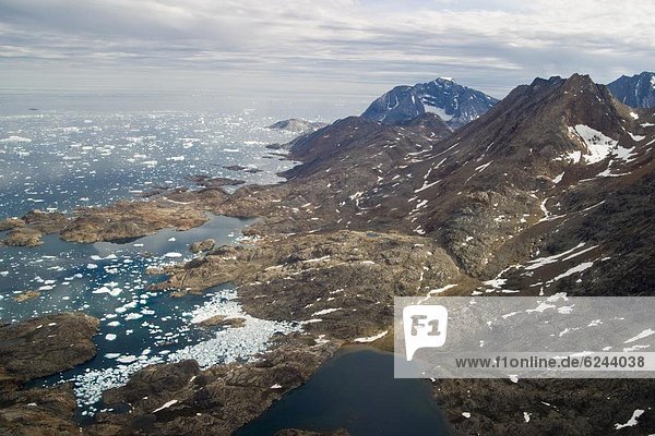 Aerial view of the Greenlandic mountains and water near Kulusuk  Greenland  Polar Regions