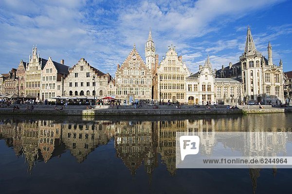 Reflection of waterfront town houses  Ghent  Flanders  Belgium  Europe