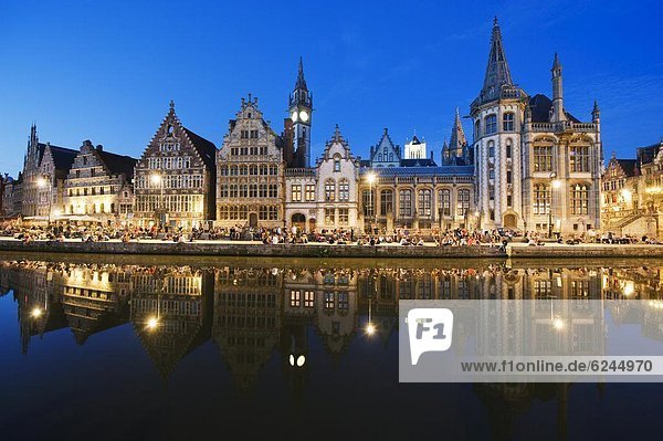 Night time reflection of waterfront town houses  Ghent  Flanders  Belgium  Europe