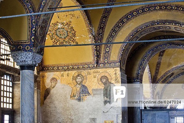 The Deesis Mosaic  depicting Christ Pantrocrator flanked by the Virgin Mary and St. John the Baptist  dating from the Restoration of Constantinople in 1261 at the end of Crusader occupation  Aya Sofya (Hagia Sophia)  UNESCO World Heritage Site  Istanbul  Turkey  Europe