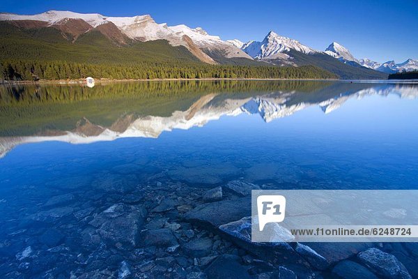 durchsichtig  transparent  transparente  transparentes  Wasser  Spiegelung  See  Nordamerika  Rocky Mountains  Maligne Lake  Jasper Nationalpark  UNESCO-Welterbe  Alberta  Kanada  Kristall  Reflections