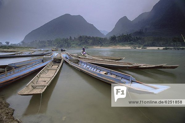 River boats  Muang Ngoi  Laos  Indochina  Southeast Asia  Asia