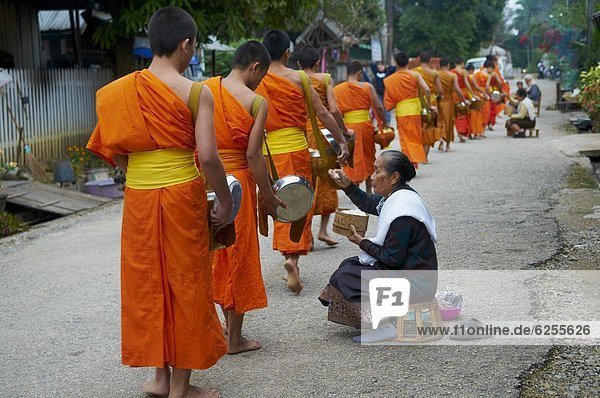 Morgendämmerung sammeln Reis Reiskorn fünfstöckig Buddhismus Südostasien Vietnam Mönch Prozession
