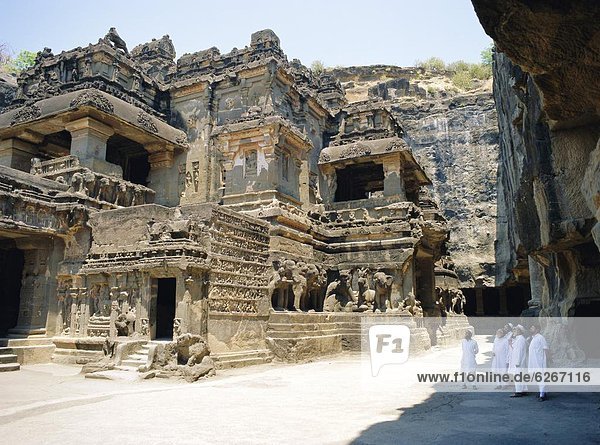 Main hall (Mandapa) from SW with entrance and Ramayana frieze  Kailasa Temple  Ellora  India