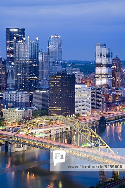 Pittsburgh skyline and Fort Pitt Bridge over the Monongahela River  Pittsburgh  Pennsylvania  United States of America  North America