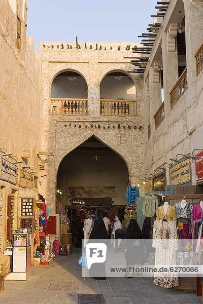 The restored Souq Waqif with mud rendered shops and exposed timber beams  Doha  Qatar  Middle East