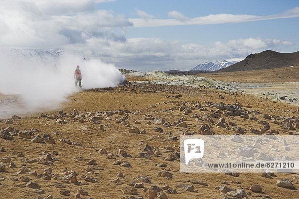 Tourists around the steam jets at Namaskard thermal area  Hverarond  near Lake Myvatn  North area  Iceland  Polar Regions