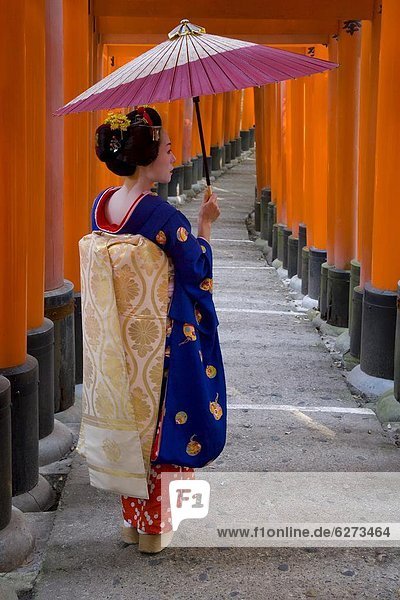Portrait of a geisha holding an or0te umbrella at Fushimi-I0ri Taisha shrine  which is lined with hundreds of red torii gates  Kyoto  Kansai region  Honshu  Japan  Asia