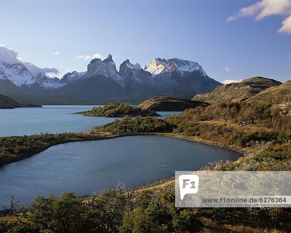 Cuernos del Paine rising up above Lago Pehoe  Torres del Paine National Park  Patagonia  Chile  South America