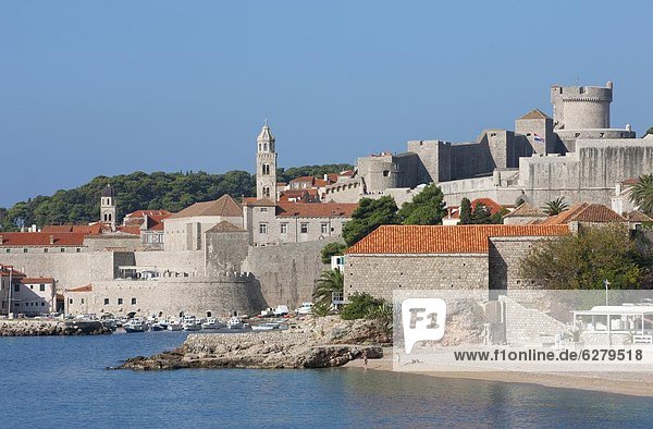 City Beach and view of Old Town  UNESCO World Heritage Site  Dubrovnik  Croatia  Europe