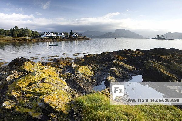 Early morning view of Plokton with houses and foreshore bathed in sunlight  Plokton  near Kyle of Lochalsh  Highland  Scotland  United Kingdom  Europe