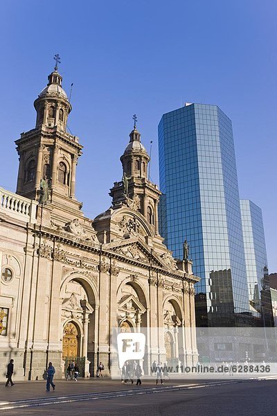 Cathedral Metropolitana and modern office building in Plaza de Armas  Santiago  Chile  South America