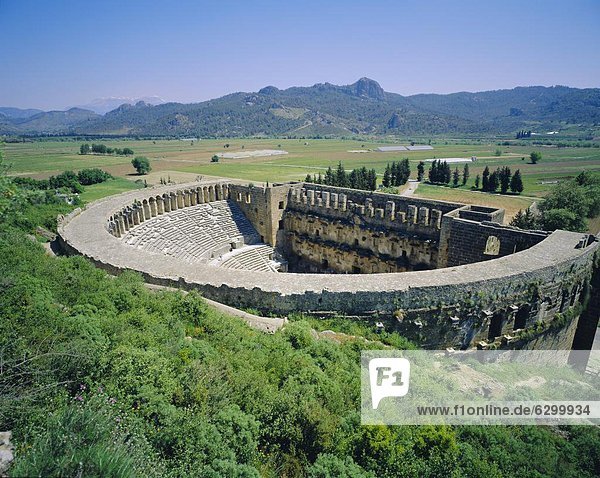 View of Roman Amphitheatre of Aspendos, ancient ruins, Aspendos, Turkey ...