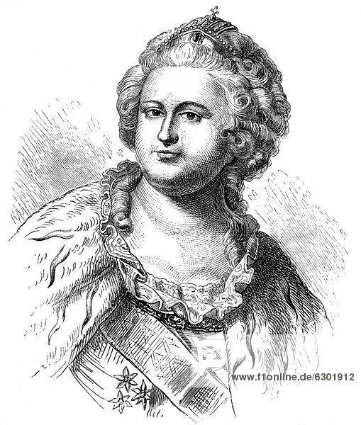 Historische Zeichnung aus dem 19. Jahrhundert  Portrait von Katharina II. oder Katharina die Große  1729 - 1796  Kaiserin von Russland  Herzogin von Holstein-Gottorf und Herrin von Jever