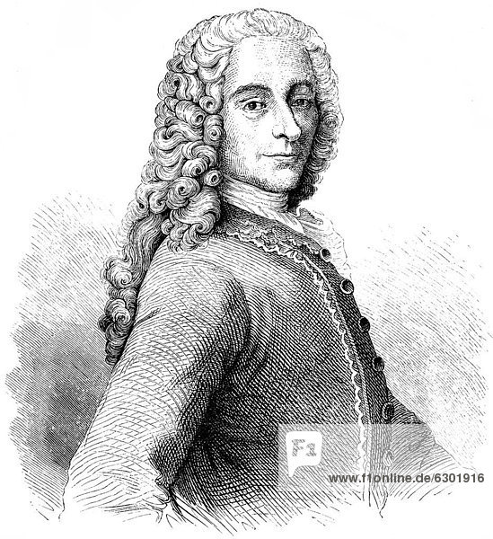 Historische Zeichnung aus dem 19. Jahrhundert  Portrait von Voltaire oder FranÁois Marie Arouet  1694 - 1778  ein Autor der französischen und europäischen Aufklärung