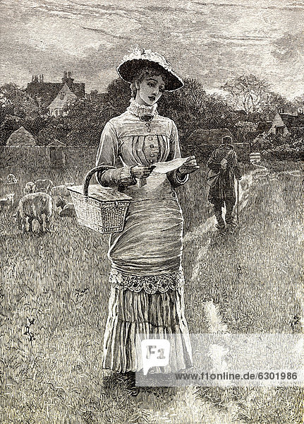Historische Zeichnung aus England  19. Jahrhundert  eine junge Frau hält einen Brief in der Hand  um 1880