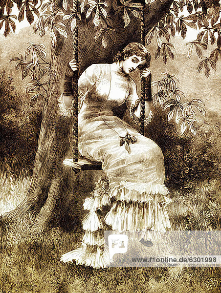 Historische Zeichnung aus England  19. Jahrhundert  eine junge Frau sitzt verträumt auf einer Schaukel  um 1880