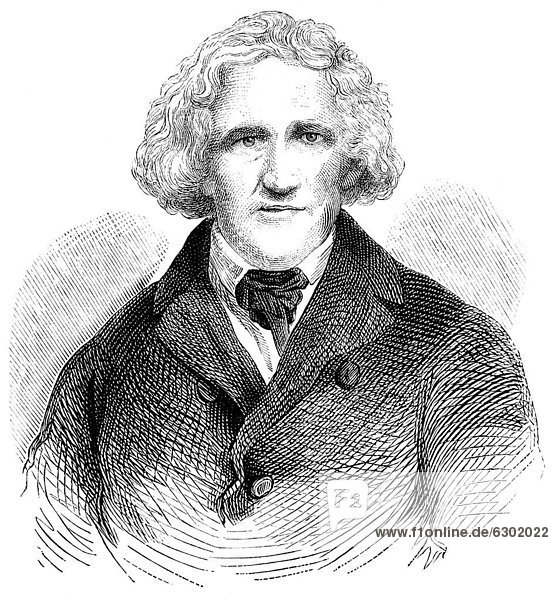 Historische Zeichnung aus dem 19. Jahrhundert  Portrait von Jacob Ludwig Karl oder Carl Grimm  1785- 1863  ein deutscher Literaturwissenschaftler und Jurist