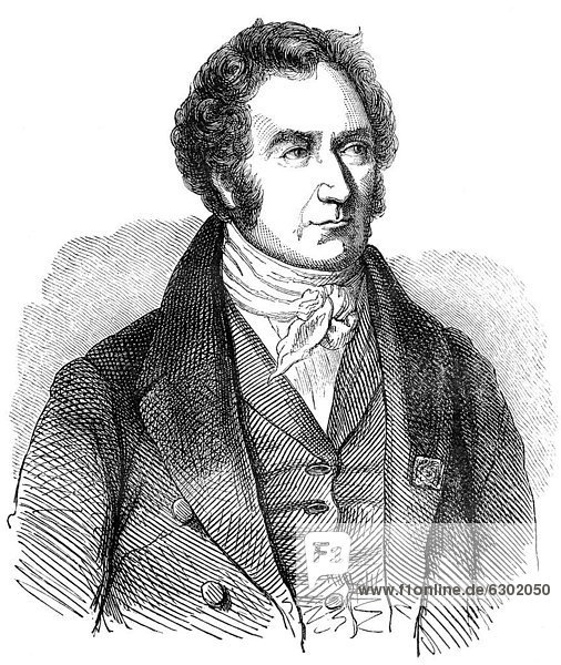Historische Zeichnung aus dem 19. Jahrhundert  Portrait von Dominique FranÁois Jean Arago oder Francesc Joan DomËnec AragÛ  1786 - 1853  ein französischer Physiker und Politiker